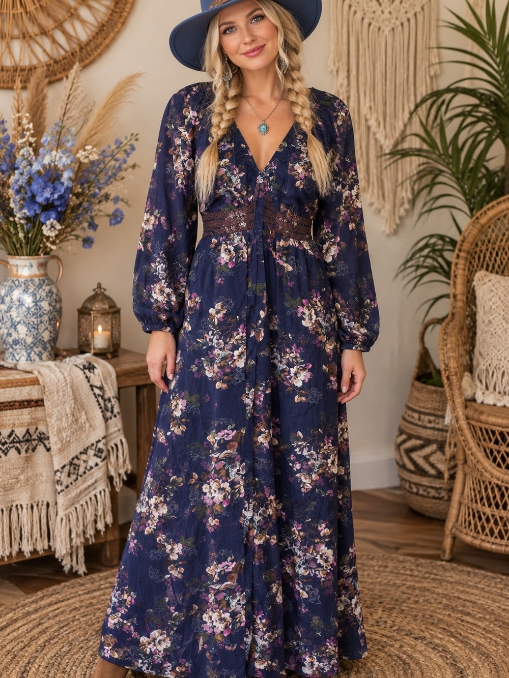 torrid Navy Floral Maxi Dress with V-Neck